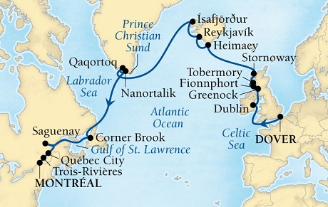Seabourn Quest Cruise Map Detail Dover (London), England, UK to Montreal, Quebec, Canada August 20 September 11 2016 - 22 Days - Voyage 6644