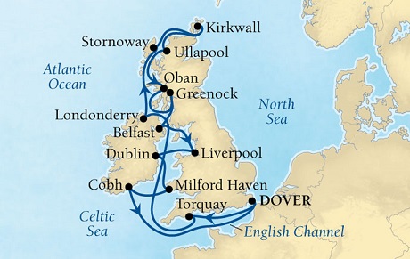 LUXURY CRUISES - Penthouse, Veranda, Balconies, Windows and Suites Seabourn Quest Cruise Map Detail Dover (London), England, UK to Dover (London), England, UK August 4-20 2022 - 16 Days - Voyage 6639