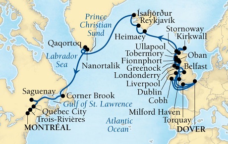 Cruises Around The World Seabourn Quest Cruise Map Detail Dover (London), England, UK to Montreal, Quebec, Canada August 4 September 11 2025 - 38 Days - Voyage 6639A