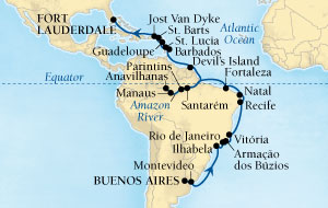 LUXURY CRUISES - Penthouse, Veranda, Balconies, Windows and Suites Seabourn Quest Cruise Map Detail Buenos Aires, Argentina to Fort Lauderdale, Florida, US February 24 March 30 2022 - 35 Days - Voyage 6614A
