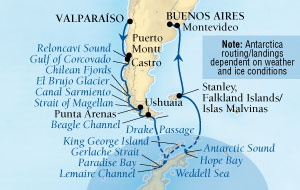 Cruises Around The World Seabourn Quest Cruise Map Detail Valparaiso (Santiago), Chile to Buenos Aires, Argentina February 3-24 2025 - 21 Days - Voyage 6611