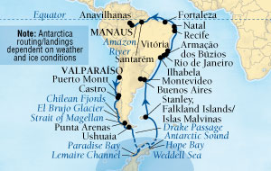 Seabourn Quest Cruise Map Detail Valparaiso (Santiago), Chile to Manaus, Brazil February 3 March 15 2016 - 41 Days - Voyage 6611A