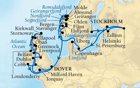 Cruises Around The World Seabourn Quest Cruise Map Detail Stockholm, Sweden to Dover (London), England, UK July 16 August 20 2025 - 35 Days - Voyage 6637B