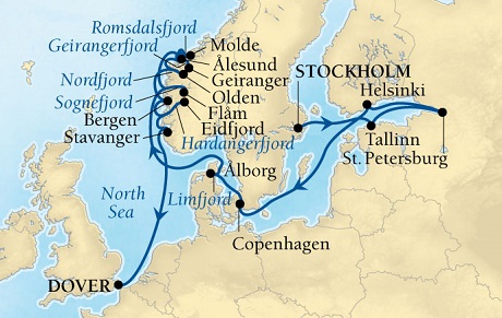 Seabourn Quest Cruise Map Detail Stockholm, Sweden to Dover (London), England, UK July 16 August 4 2016 - 19 Days - Voyage 6637A