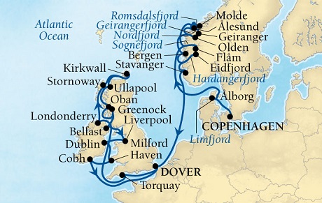 Seabourn Quest Cruise Map Detail Copenhagen, Denmark to Dover (London), England, UK July 23 August 20 2016 - 28 Days - Voyage 6638A