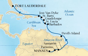 Cruises Around The World Seabourn Quest Cruise Map Detail Manaus, Brazil to Fort Lauderdale, Florida, US March 15-30 2025 - 15 Days - Voyage 6615