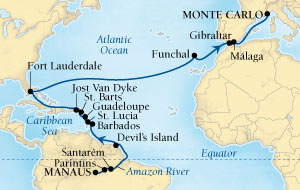 Seabourn Quest Cruise Map Detail Manaus, Brazil to Monte Carlo, Monaco March 15 April 15 2016 - 31 Days - Voyage 6615A