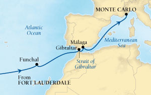 Seabourn Quest Cruise Map Detail Fort Lauderdale, Florida, US to Monte Carlo, Monaco March 30 April 15 2016 - 16 Days - Voyage 6618