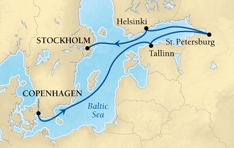 LUXURY CRUISES - Penthouse, Veranda, Balconies, Windows and Suites Seabourn Quest Cruise Map Detail Copenhagen, Denmark to Stockholm, Sweden May 14-21 2022 - 7 Days - Voyage 6624