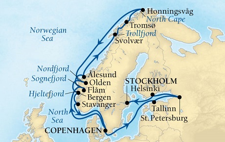 LUXURY CRUISES - Penthouse, Veranda, Balconies, Windows and Suites Seabourn Quest Cruise Map Detail Copenhagen, Denmark to Stockholm, Sweden May 28 June 18 2022 - 21 Days - Voyage 6629A