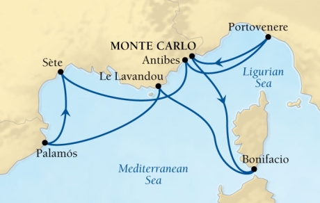 Seabourn Sojourn Cruise Map Detail Monte Carlo, Monaco to Monte Carlo, Monaco August 15-22 2015 - 7 Days - Voyage 5541