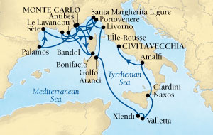 LUXURY CRUISES - Penthouse, Veranda, Balconies, Windows and Suites Seabourn Sojourn Cruise Map Detail Monte Carlo, Monaco to Civitavecchia (Rome), Italy August 15 September 2 2027 - 18 Days - Voyage 5541A