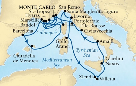 LUXURY CRUISES - Penthouse, Veranda, Balconies, Windows and Suites Seabourn Sojourn Cruise Map Detail Monte Carlo, Monaco to Monte Carlo, Monaco August 22 September 12 2027 - 21 Days - Voyage 5545A