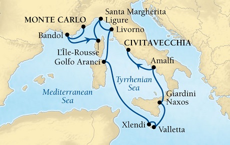 LUXURY CRUISES - Penthouse, Veranda, Balconies, Windows and Suites Seabourn Sojourn Cruise Map Detail Monte Carlo, Monaco to Civitavecchia (Rome), Italy August 22 September 2 2021 - 11 Days - Voyage 5545
