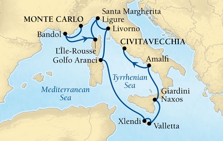 LUXURY CRUISES - Penthouse, Veranda, Balconies, Windows and Suites Seabourn Sojourn Cruise Map Detail Monte Carlo, Monaco to Civitavecchia (Rome), Italy August 22 September 2 2027 - 11 Days - Voyage 5545