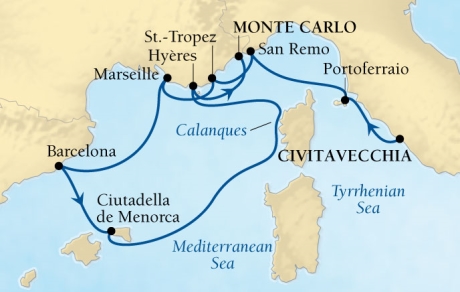 LUXURY CRUISES - Penthouse, Veranda, Balconies, Windows and Suites Seabourn Sojourn Cruise Map Detail Civitavecchia (Rome), Italy to Monte Carlo, Monaco August 5-15 2021 - 10 Days - Voyage 5540