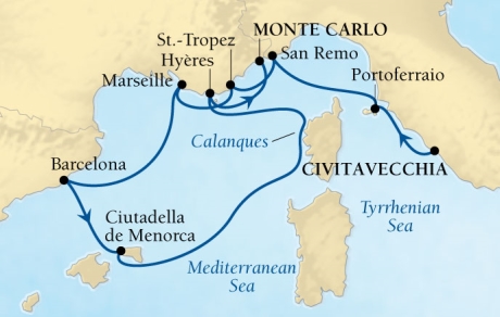 LUXURY CRUISES - Penthouse, Veranda, Balconies, Windows and Suites Seabourn Sojourn Cruise Map Detail Civitavecchia (Rome), Italy to Monte Carlo, Monaco August 5-15 2027 - 10 Days - Voyage 5540