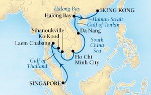 LUXURY CRUISES - Penthouse, Veranda, Balconies, Windows and Suites Seabourn Sojourn Cruise Map Detail Singapore to Hong Kong, China December 20 2027 January 3 2028 - 14 Days - Voyage 5564
