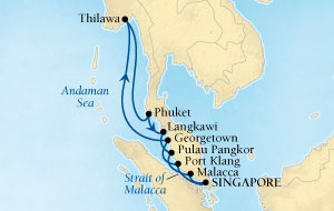 LUXURY CRUISES - Penthouse, Veranda, Balconies, Windows and Suites Seabourn Sojourn Cruise Map Detail Singapore to Singapore December 6-20 2027 - 14 Days - Voyage 5563