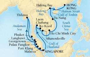 LUXURY CRUISES - Penthouse, Veranda, Balconies, Windows and Suites Seabourn Sojourn Cruise Map Detail Singapore to Hong Kong, China December 6 2027 January 3 2028 - 28 Days - Voyage 5563A