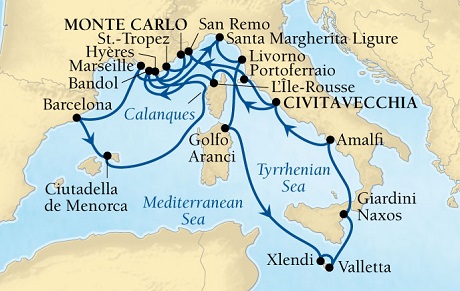 LUXURY CRUISES - Penthouse, Veranda, Balconies, Windows and Suites Seabourn Sojourn Cruise Map Detail Civitavecchia (Rome), Italy to Monte Carlo, Monaco July 25 August 15 2021 - 21 Days - Voyage 5539A