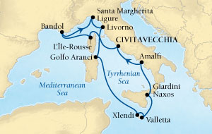 LUXURY CRUISES - Penthouse, Veranda, Balconies, Windows and Suites Seabourn Sojourn Cruise Map Detail Civitavecchia (Rome), Italy to Civitavecchia (Rome), Italy July 25 August 5 2027 - 11 Days - Voyage 5539