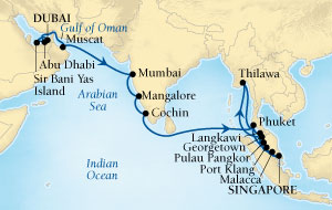 LUXURY CRUISES - Penthouse, Veranda, Balconies, Windows and Suites Seabourn Sojourn Cruise Map Detail Dubai, United Arab Emirates to Singapore November 18 December 20 2027 - 32 Days - Voyage 5558A