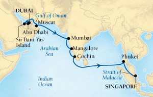 LUXURY CRUISES - Penthouse, Veranda, Balconies, Windows and Suites Seabourn Sojourn Cruise Map Detail Dubai, United Arab Emirates to Singapore November 18 December 6 2027 - 18 Days - Voyage 5558