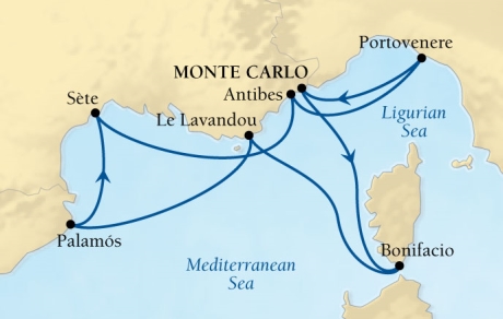 LUXURY CRUISES - Penthouse, Veranda, Balconies, Windows and Suites Seabourn Sojourn Cruise Map Detail Monte Carlo, Monaco to Monte Carlo, Monaco October 10-17 2027 - 7 Days - Voyage 5553