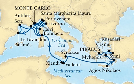 LUXURY CRUISES - Penthouse, Veranda, Balconies, Windows and Suites Seabourn Sojourn Cruise Map Detail Monte Carlo, Monaco to Piraeus (Athens), Greece October 10-31 2027 - 21 Days - Voyage 5553A