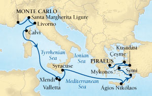 Seabourn Sojourn Cruise Map Detail Monte Carlo, Monaco to Piraeus (Athens), Greece October 17-31 2015 - 14 Days - Voyage 5554
