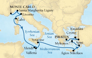 LUXURY CRUISES - Penthouse, Veranda, Balconies, Windows and Suites Seabourn Sojourn Cruise Map Detail Monte Carlo, Monaco to Piraeus (Athens), Greece October 17-31 2027 - 14 Days - Voyage 5554