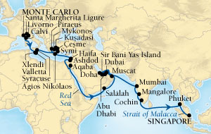 LUXURY CRUISES - Penthouse, Veranda, Balconies, Windows and Suites Seabourn Sojourn Cruise Map Detail Monte Carlo, Monaco to Singapore October 17 December 6 2027 - 50 Days - Voyage 5554B