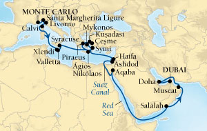 Seabourn Sojourn Cruise Map Detail Monte Carlo, Monaco to Dubai, United Arab Emirates October 17 November 18 2015 - 32 Days - Voyage 5554A