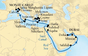 LUXURY CRUISES - Penthouse, Veranda, Balconies, Windows and Suites Seabourn Sojourn Cruise Map Detail Monte Carlo, Monaco to Dubai, United Arab Emirates October 17 November 18 2027 - 32 Days - Voyage 5554A