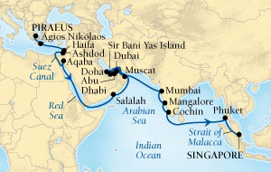Seabourn Sojourn Cruise Map Detail Piraeus (Athens), Greece to Singapore October 31 December 6 2015 - 36 Days - Voyage 5557A