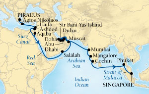 LUXURY CRUISES - Penthouse, Veranda, Balconies, Windows and Suites Seabourn Sojourn Cruise Map Detail Piraeus (Athens), Greece to Singapore October 31 December 6 2027 - 36 Days - Voyage 5557A