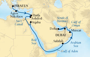 LUXURY CRUISES - Penthouse, Veranda, Balconies, Windows and Suites Seabourn Sojourn Cruise Map Detail Piraeus (Athens), Greece to Dubai, United Arab Emirates October 31 November 18 2027 - 18 Days - Voyage 5557