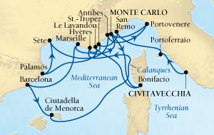 LUXURY CRUISES - Penthouse, Veranda, Balconies, Windows and Suites Seabourn Sojourn Cruise Map Detail Civitavecchia (Rome), Italy to Monte Carlo, Monaco September 2-19 2027 - 17 Days - Voyage 5546A
