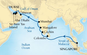 LUXURY CRUISES - Penthouse, Veranda, Balconies, Windows and Suites Seabourn Sojourn Cruise Map Detail Singapore to Dubai, United Arab Emirates April 17 May 5 2022 - 18 Days - Voyage 5623