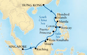 LUXURY CRUISES - Penthouse, Veranda, Balconies, Windows and Suites Seabourn Sojourn Cruise Map Detail Hong Kong, China to Singapore April 3-17 2022 - 14 Days - Voyage 5620