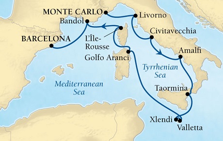 Seabourn Sojourn Cruise Map Detail Monte Carlo, Monaco to Barcelona, Spain August 11-22 2016 - 11 Days - Voyage 5647
