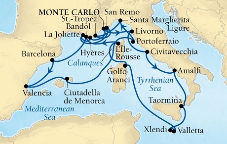 LUXURY CRUISES - Penthouse, Veranda, Balconies, Windows and Suites Seabourn Sojourn Cruise Map Detail Monte Carlo, Monaco to Monte Carlo, Monaco August 11 September 1 2022 - 21 Days - Voyage 5647A