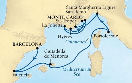 LUXURY CRUISES - Penthouse, Veranda, Balconies, Windows and Suites Seabourn Sojourn Cruise Map Detail Barcelona, Spain to Monte Carlo, Monaco August 22 September 1 2022 - 10 Days - Voyage 5648