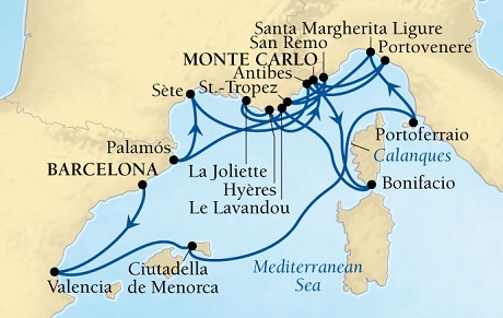 LUXURY CRUISES - Penthouse, Veranda, Balconies, Windows and Suites Seabourn Sojourn Cruise Map Detail Barcelona, Spain to Monte Carlo, Monaco August 22 September 8 2022 - 17 Days - Voyage 5648A
