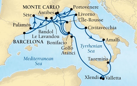 Seabourn Sojourn Cruise Map Detail Monte Carlo, Monaco to Barcelona, Spain August 4-22 2016 - 18 Days - Voyage 5646A