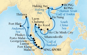LUXURY CRUISES - Penthouse, Veranda, Balconies, Windows and Suites Seabourn Sojourn Cruise Map Detail Singapore to Hong Kong, China December 22 2022 January 21 2020 - 30 Days - Voyage 5673A