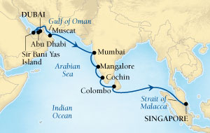 Seabourn Sojourn Cruise Map Detail Dubai, United Arab Emirates to Singapore December 5-22 2016 - 17 Days - Voyage 5670