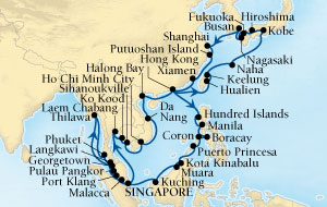 LUXURY CRUISES - Penthouse, Veranda, Balconies, Windows and Suites Seabourn Sojourn Cruise Map Detail Singapore to Singapore February 14 April 17 2022 - 63 Days - Voyage 5613C