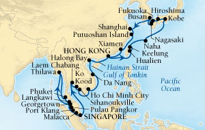 LUXURY CRUISES - Penthouse, Veranda, Balconies, Windows and Suites Seabourn Sojourn Cruise Map Detail Singapore to Hong Kong, China February 14 April 3 2022 - 49 Days - Voyage 5613B